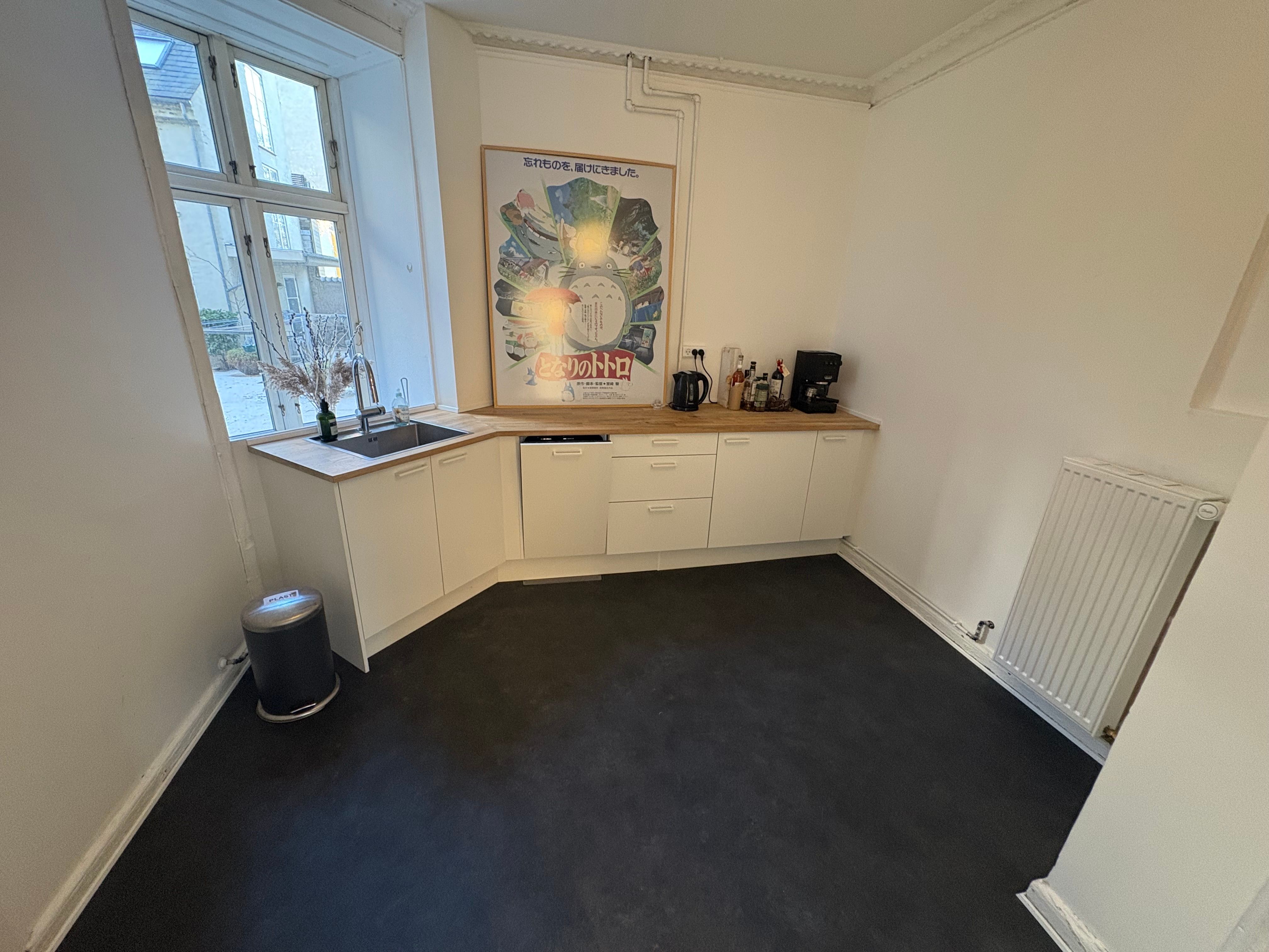 Rummelig køkken med hvidt loft og vægge, gulve med mørkt vinyl, poster og apparater på skabe og hjørnebord, moderne lysekroner og høj radiator ved siden af