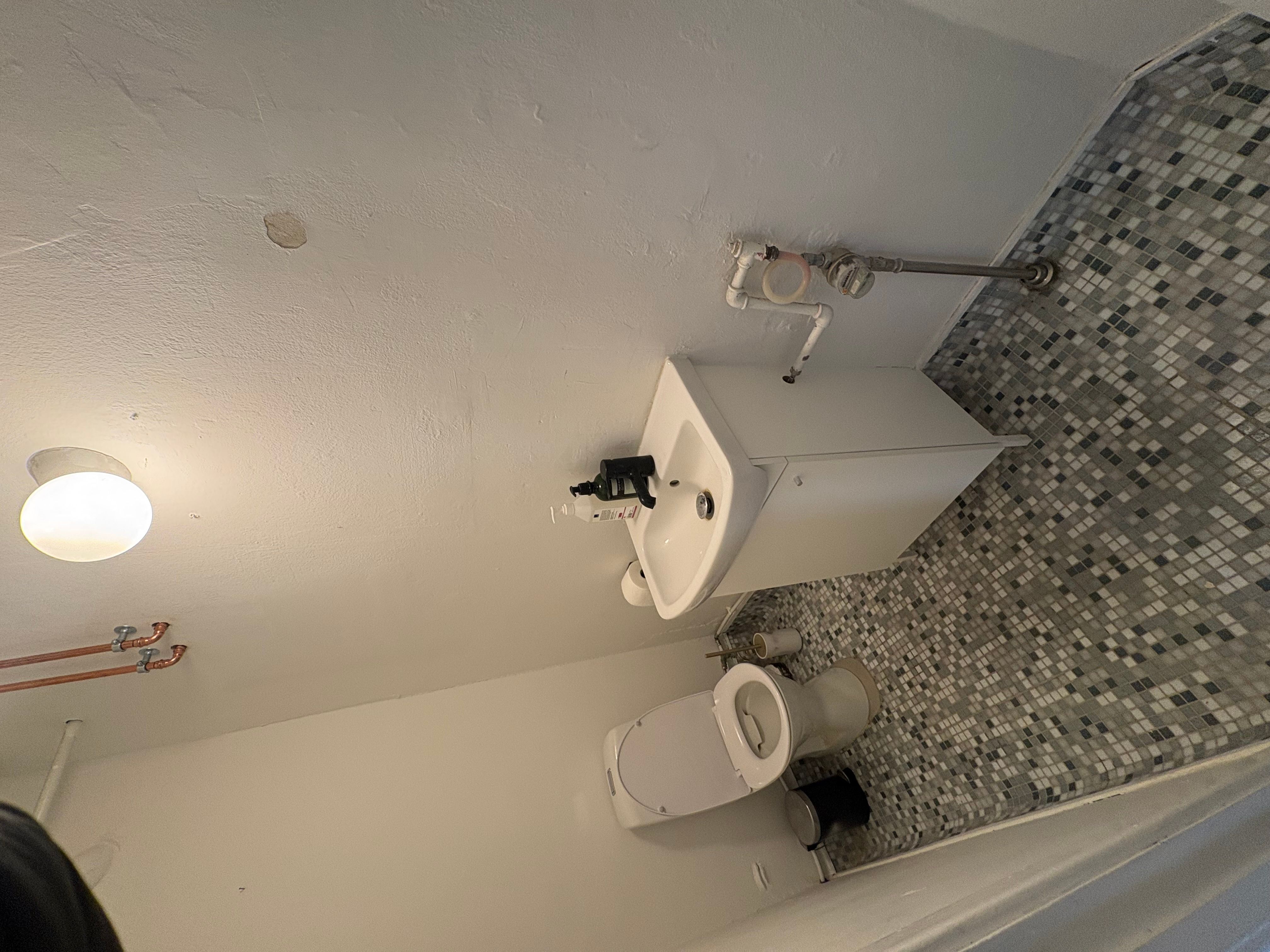 En lille hvid toiletrum med et toilet, en hvid vaskeskål og et lys på loftet. Bag toilettet er der en mur med mosaikfliser og to rør.