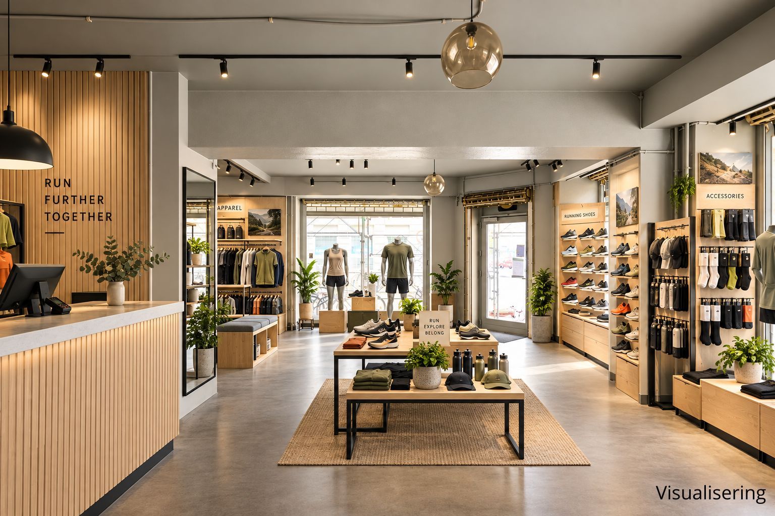Erhvervslejemål med store vinduer og masser af plads til at udstille tøj og sko. Moderne møbler og plantepoteter forbedrer atmosfæren.