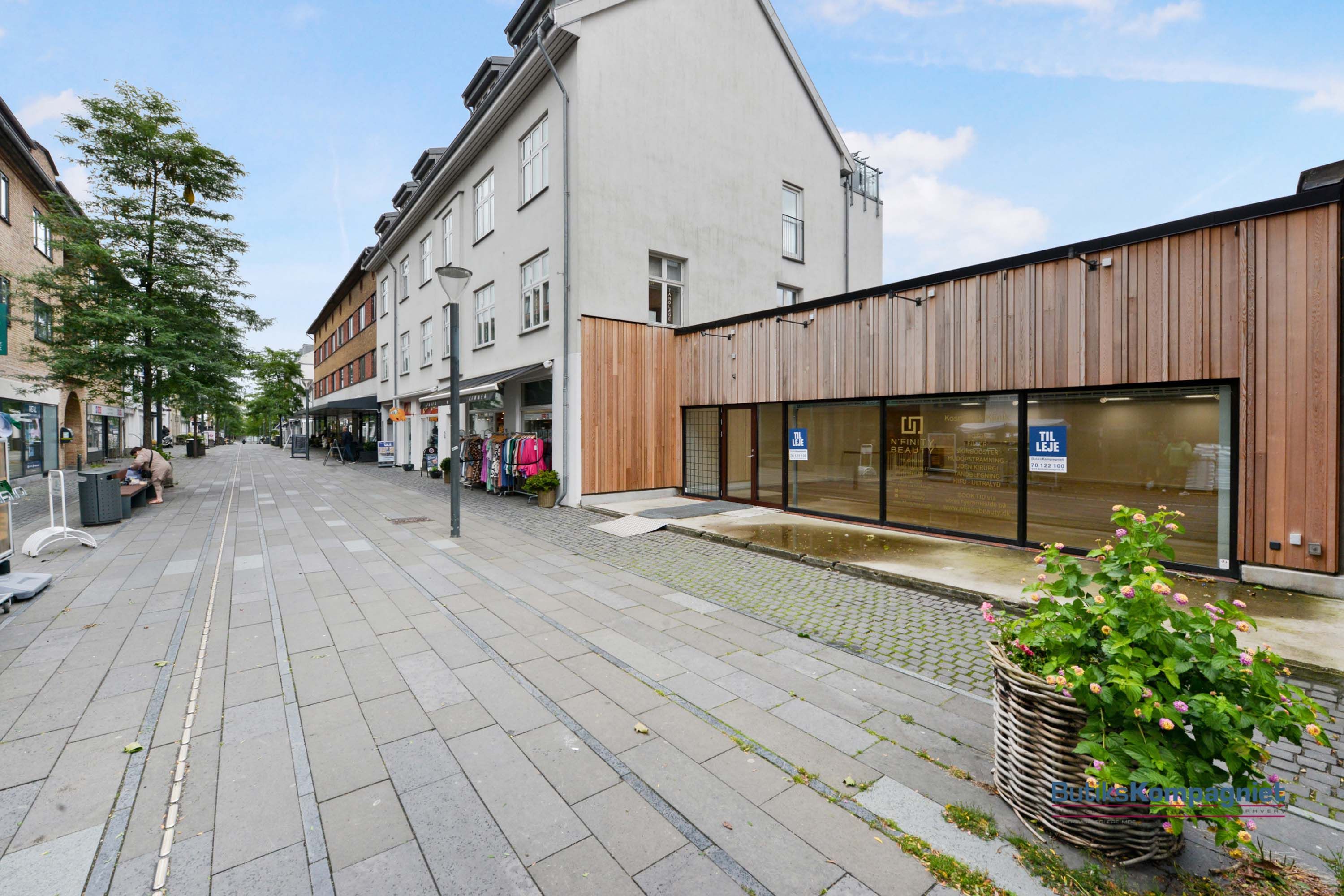 Forretningsområde i en lille by med en blomsterpotte, forretningslokaler og gågade med torvej og en højt stående søjle