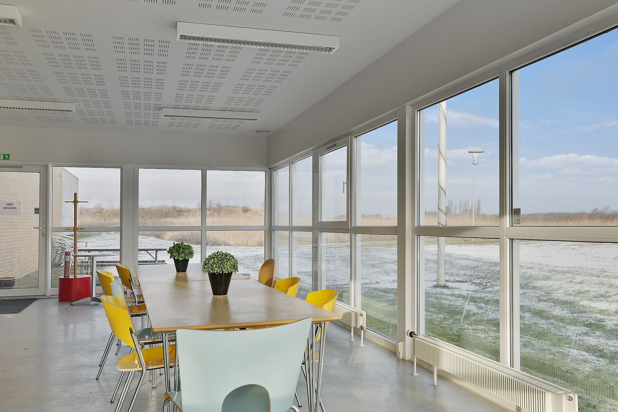 En lille spisehal med en lang træbord og gule stole med udsigt til et græsareale og et lyst himmelblæv