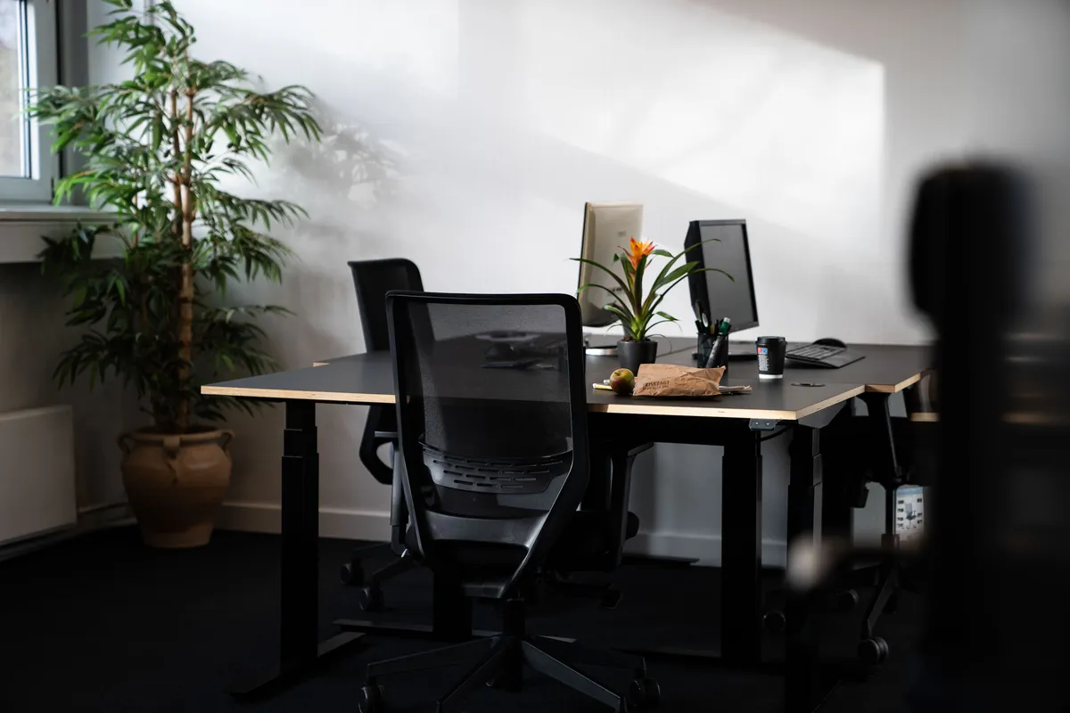 To kontorstole foran to skriveborde med computere og en plante i potter og en æble i en kurv