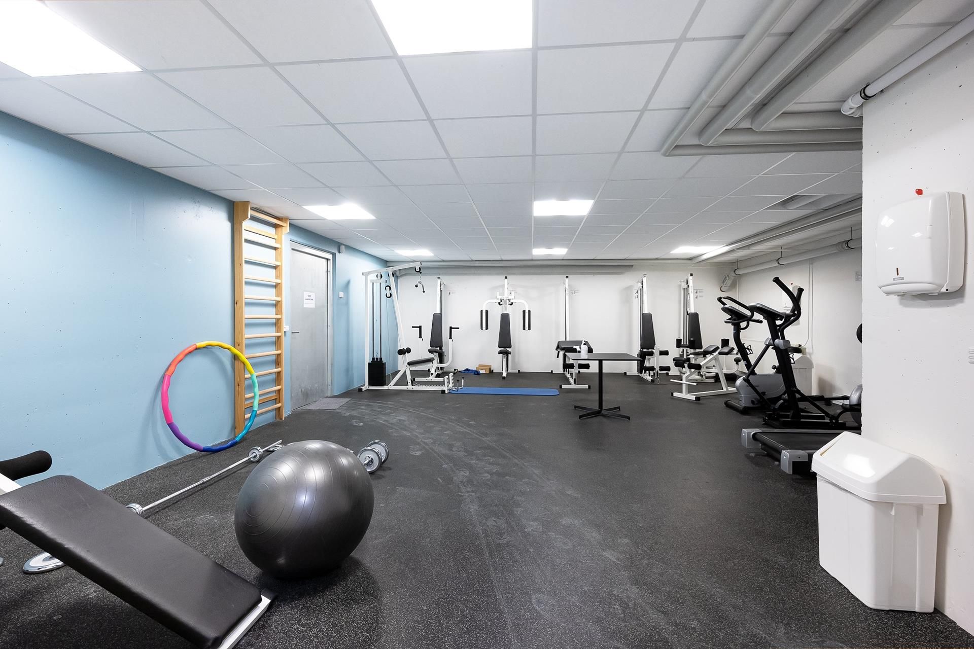 Fitnesscenter med apparater og træningsredskaber som en løbemaskine, en træningshjul og en træningsballon