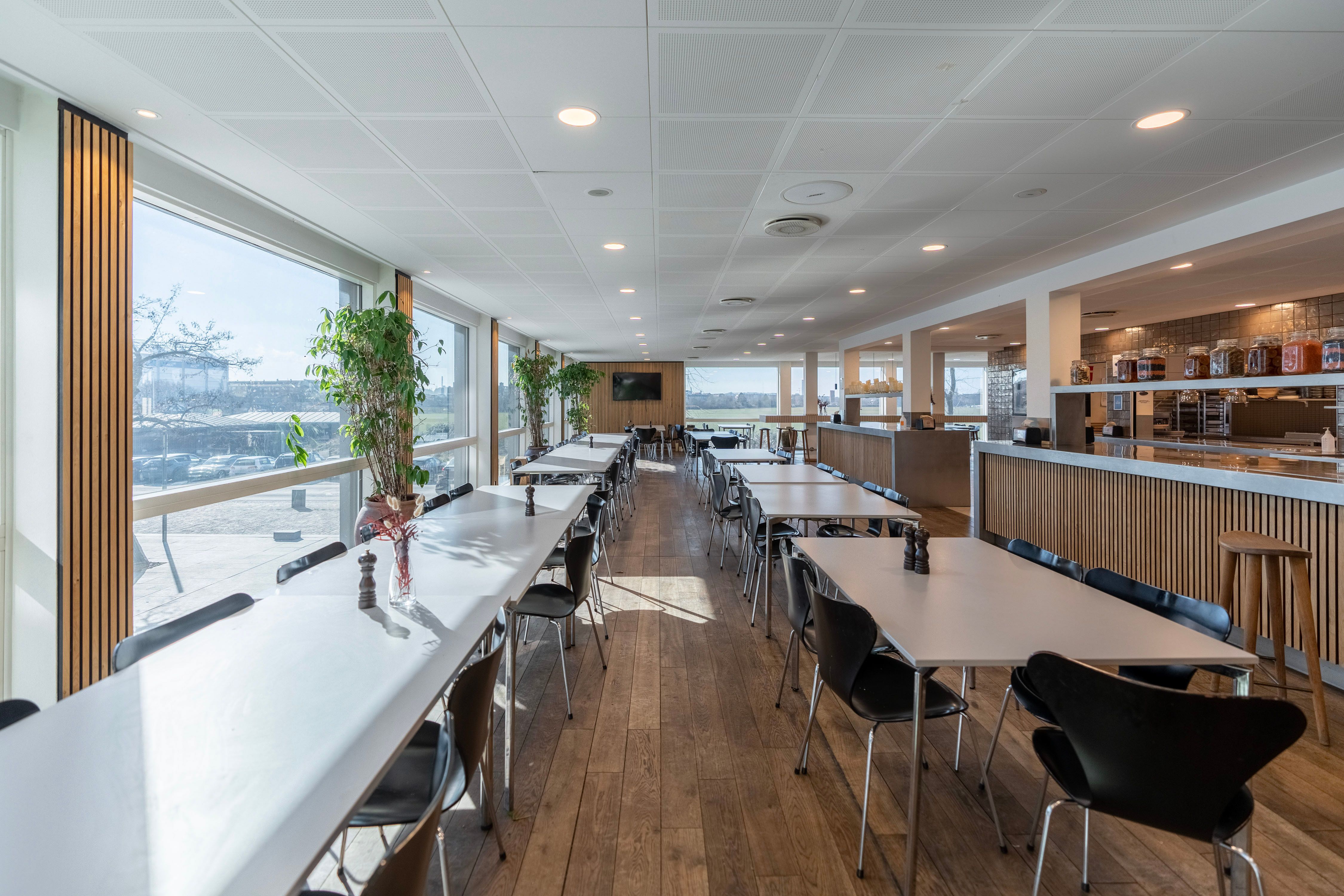 Kæmpe vindue med udsigt til grønne marker og parkerede biler. Langt borde med stole i lysebrun træ og hvide borde. Komplet