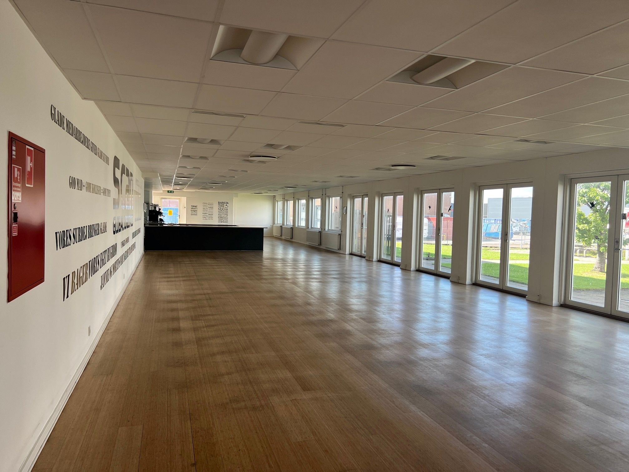 Længsomme gange i et kontor med hvide vægge, lyse gulve og glasvinduer med udsigt til en grøn park med træer og bygninger i