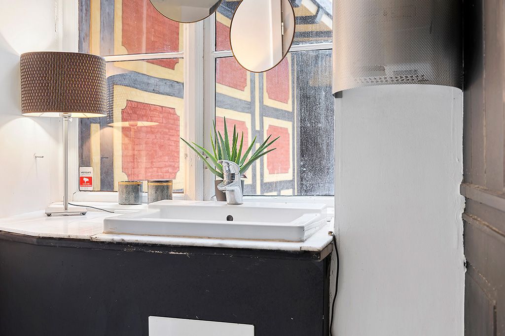 Et badeværelse med en hvid, rektangulær vask med en moderne vandhane og et grønt aloe vera plante på hjørnet