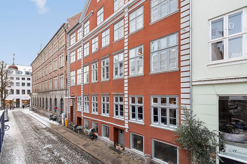 En række huse med mange vinduer og røde mursten samt en lille plante i forgrunden