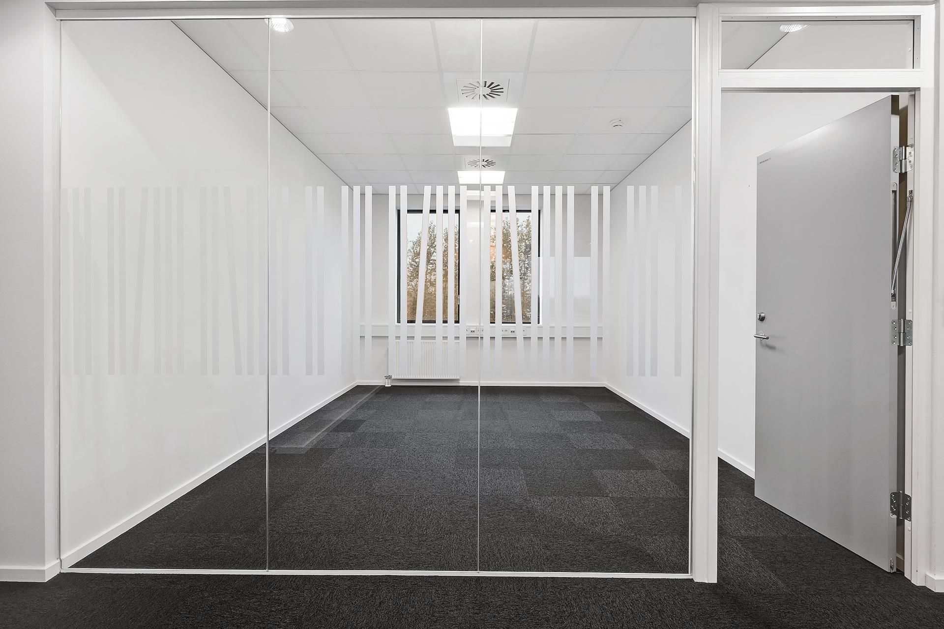 Glassvæg med ståkvist og stribet mønster, åben dør og hvid væg, hvid loftsbeklædning, radiator og vinduer med træer udenfor