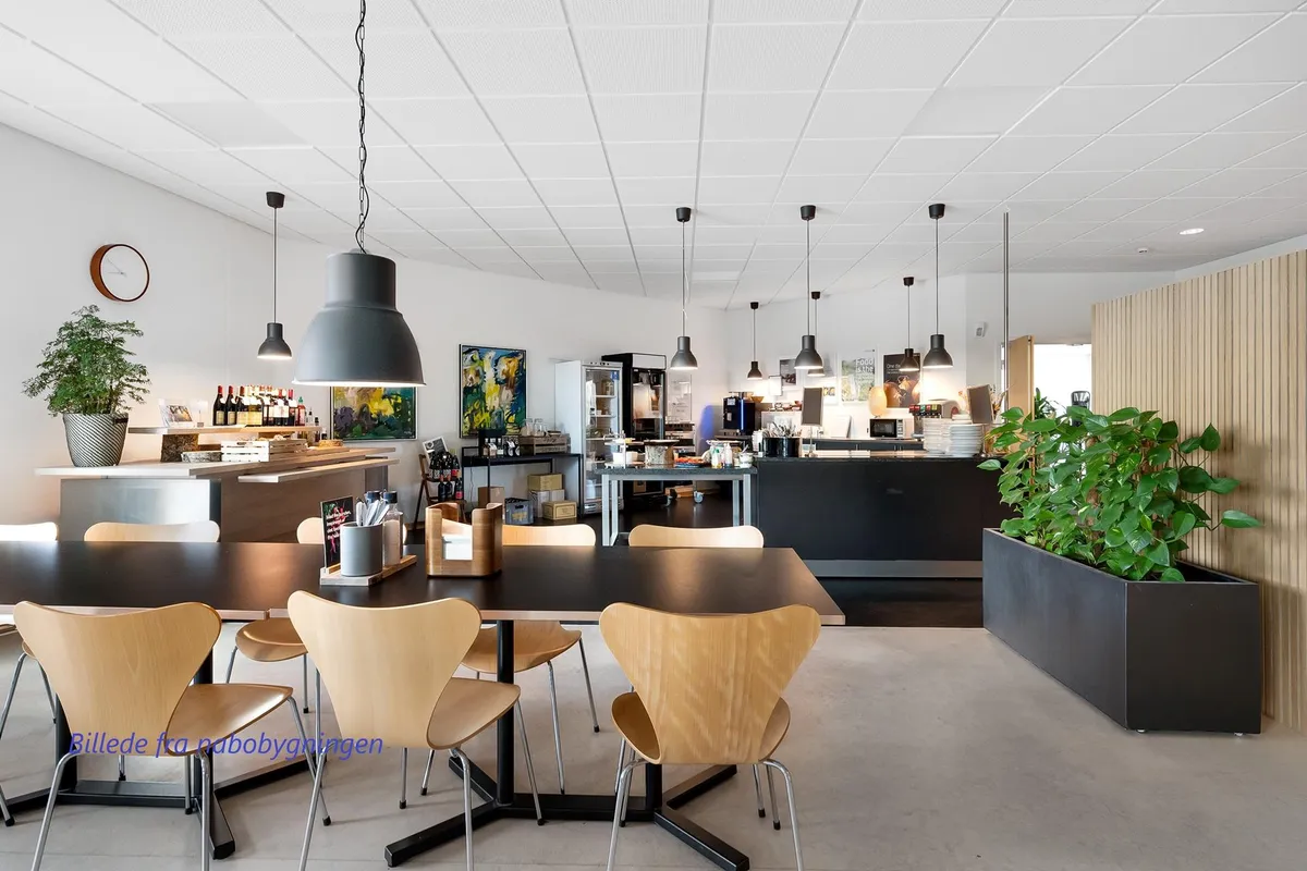 Moderne kontor med åbent areal og lyse loftslampe. Langt bord med lyse stole og planter samt køleskab og skabe.