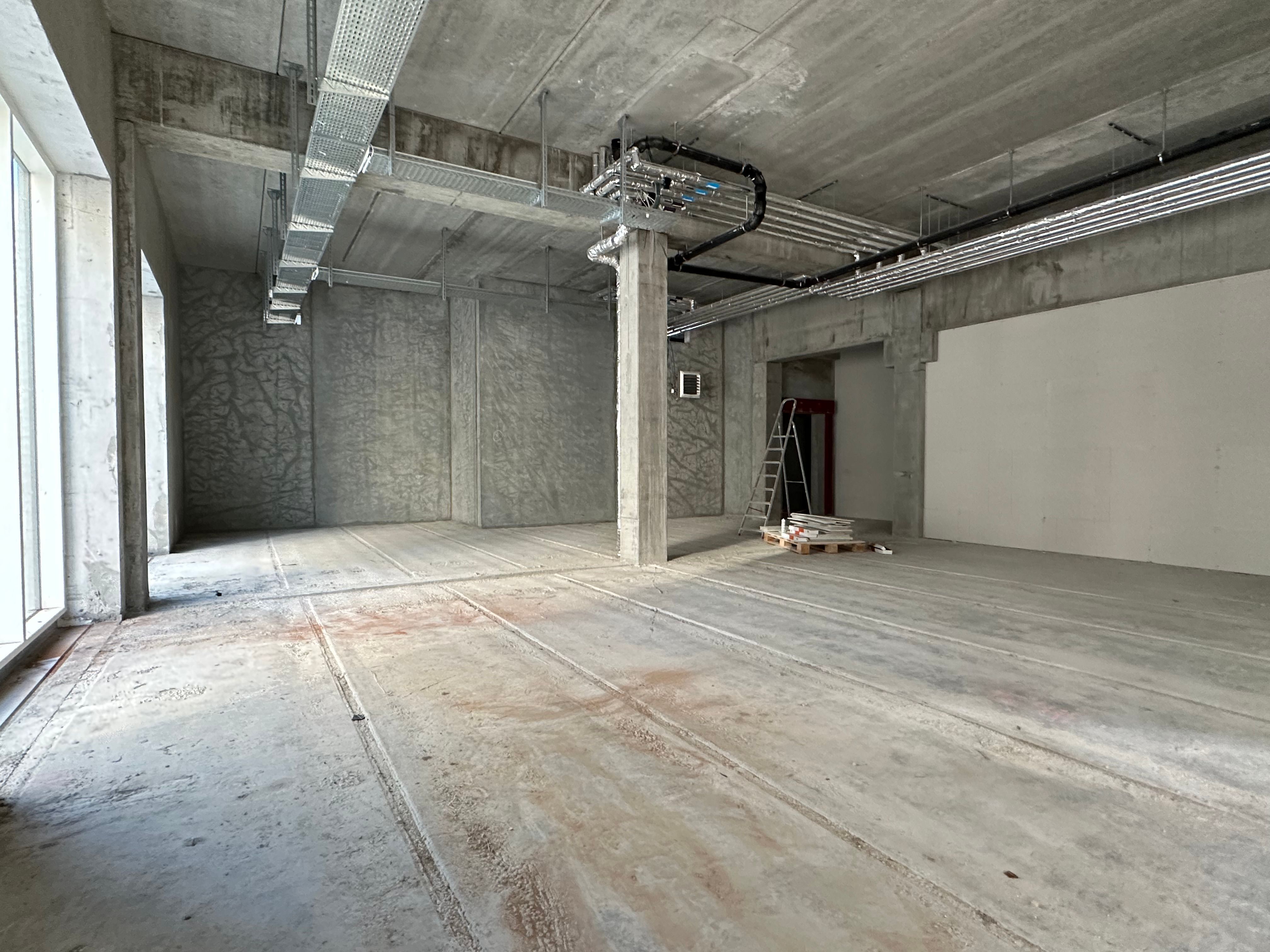 En stor rummelig værkstedslokal med rå betonvægge og gulve samt en åben dør og en stige mod væggen