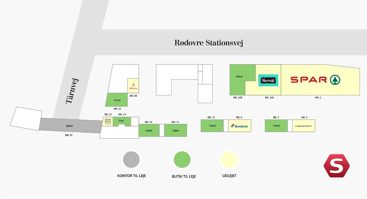 Rødovre Stationsvej med butikker og lejligheder inklusiv Domino's Pizza, Lagkagehuset, SPAR og andre lokale virksomheder