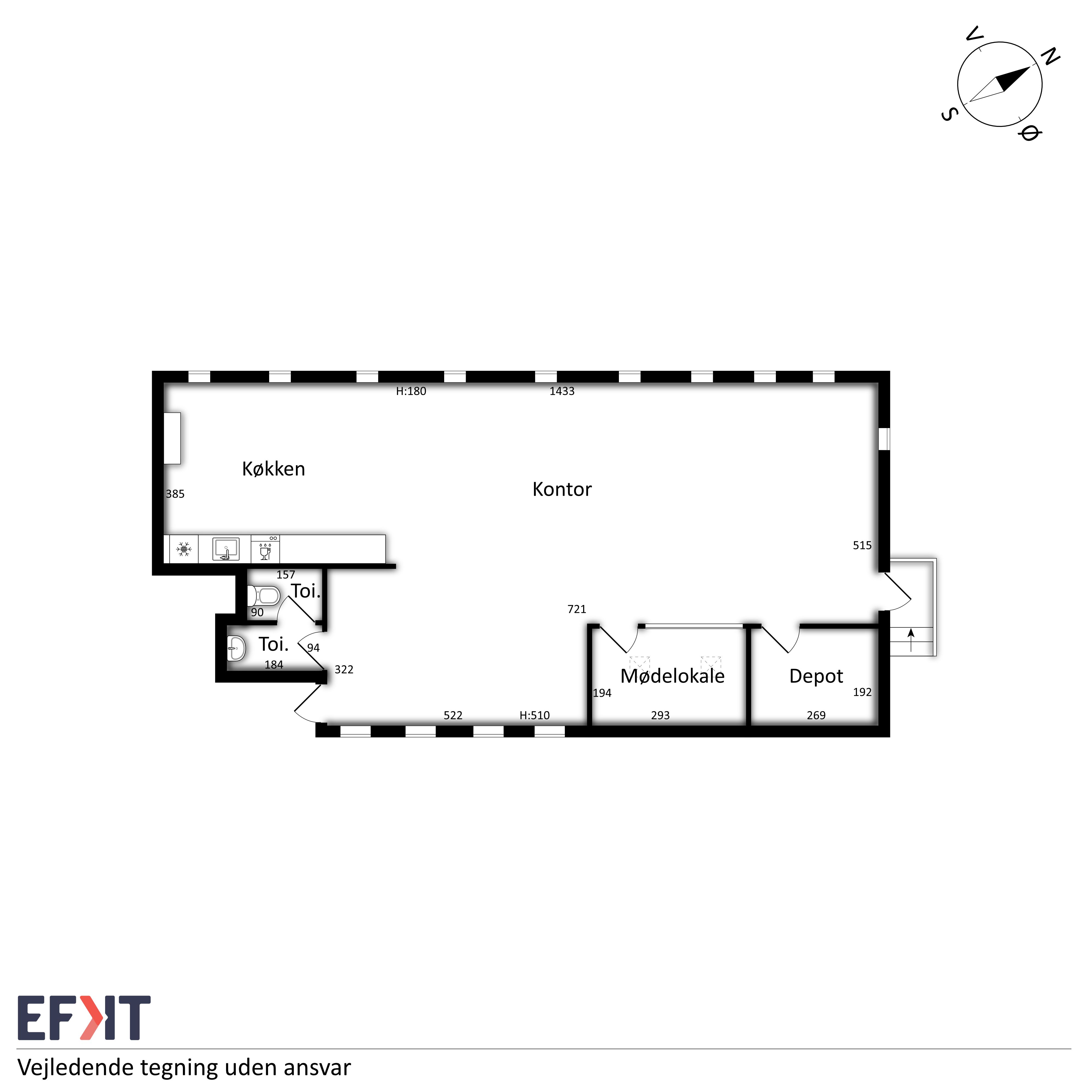 Tegning af et lejlighedsplan med to toiletter, et køkken, et kontor, et modelokale, et depot og værelsesmål