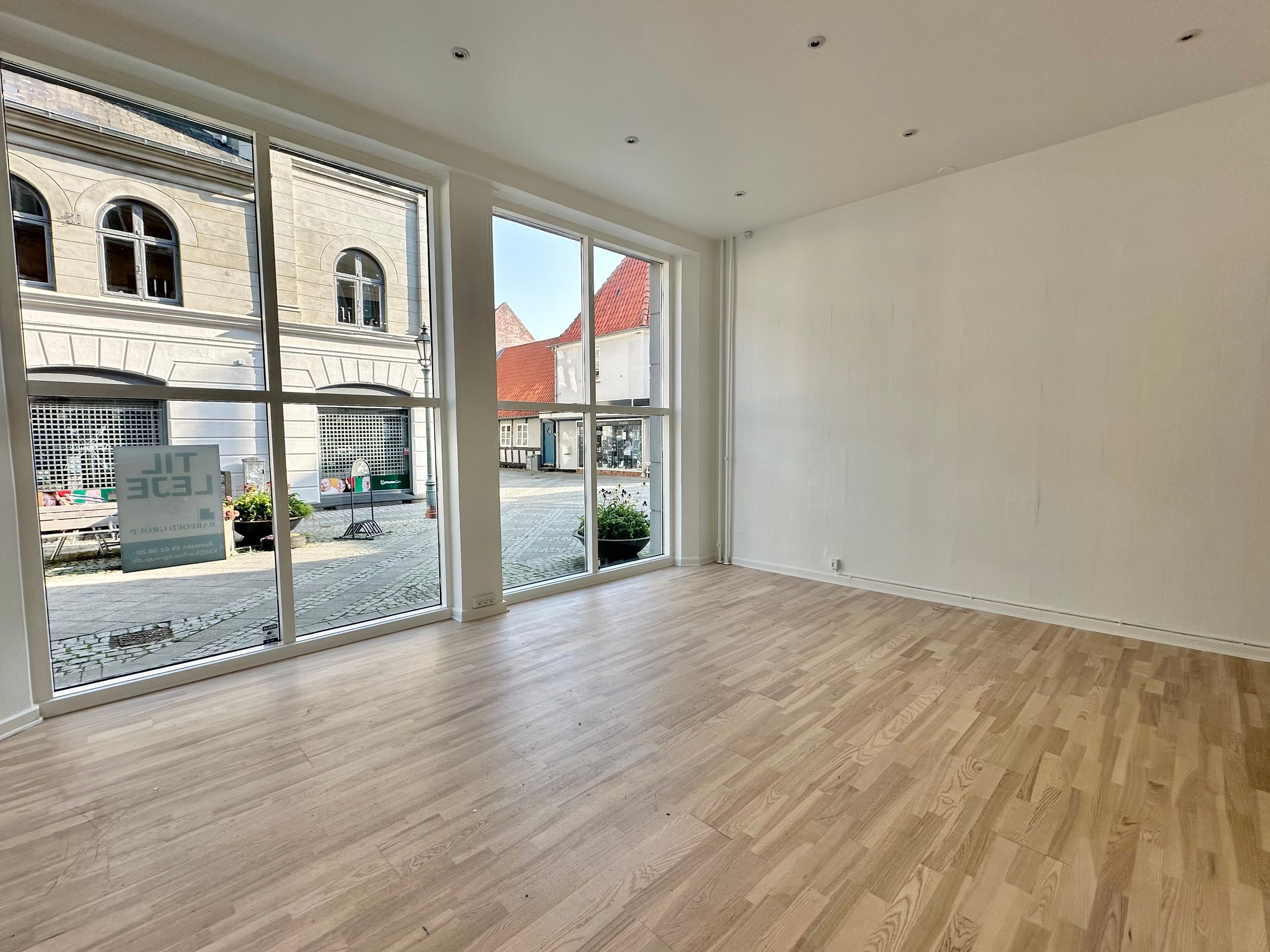 Moderne lejlighed med glasvinduer og lysgulve. En stor plante står i potte i vinduet. Udsigten er mod en gågade med