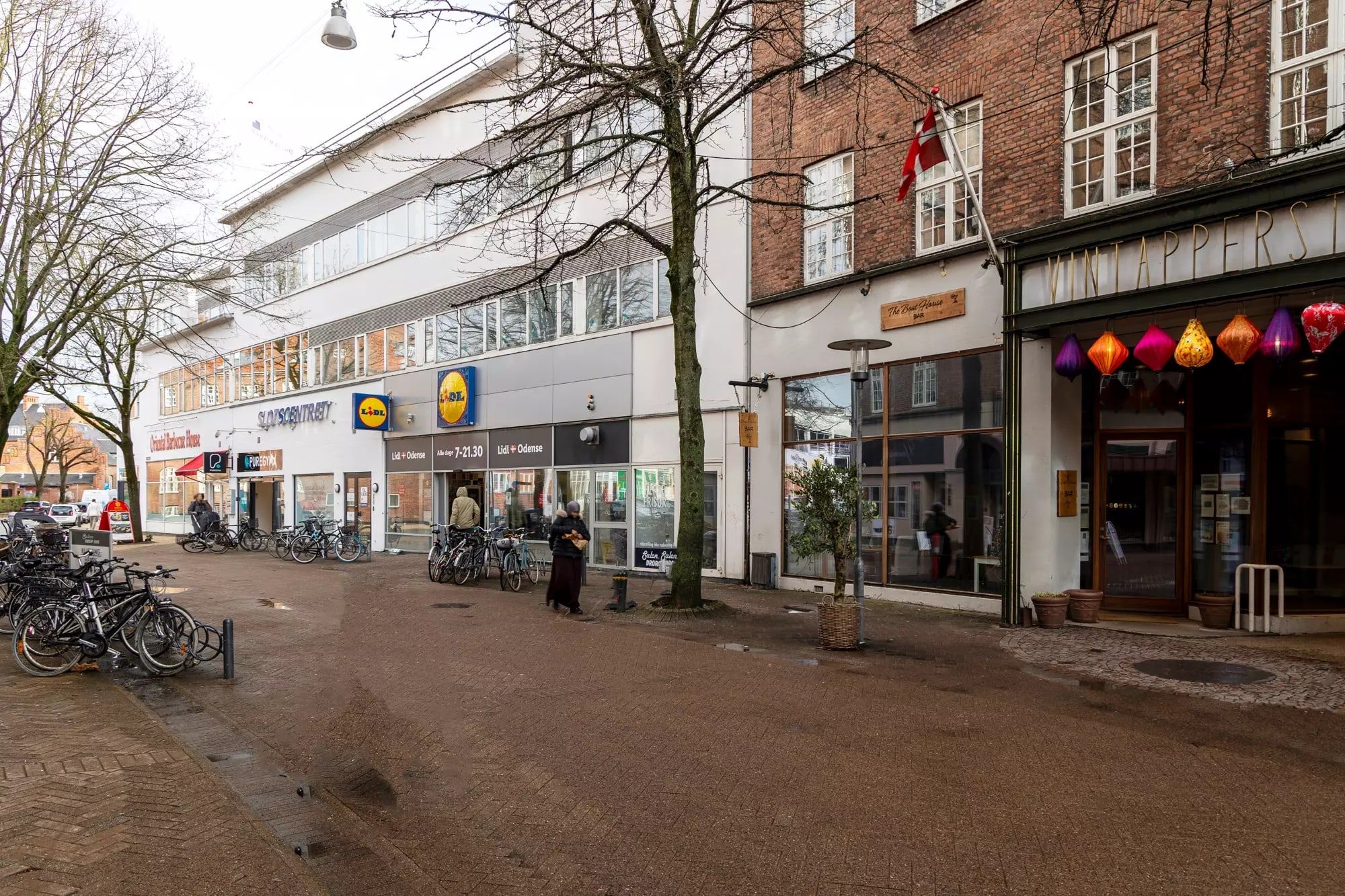 Gadebillede med Lidl-supermarked, bygning med vinduerne og flag og søjler med farvede lanterner