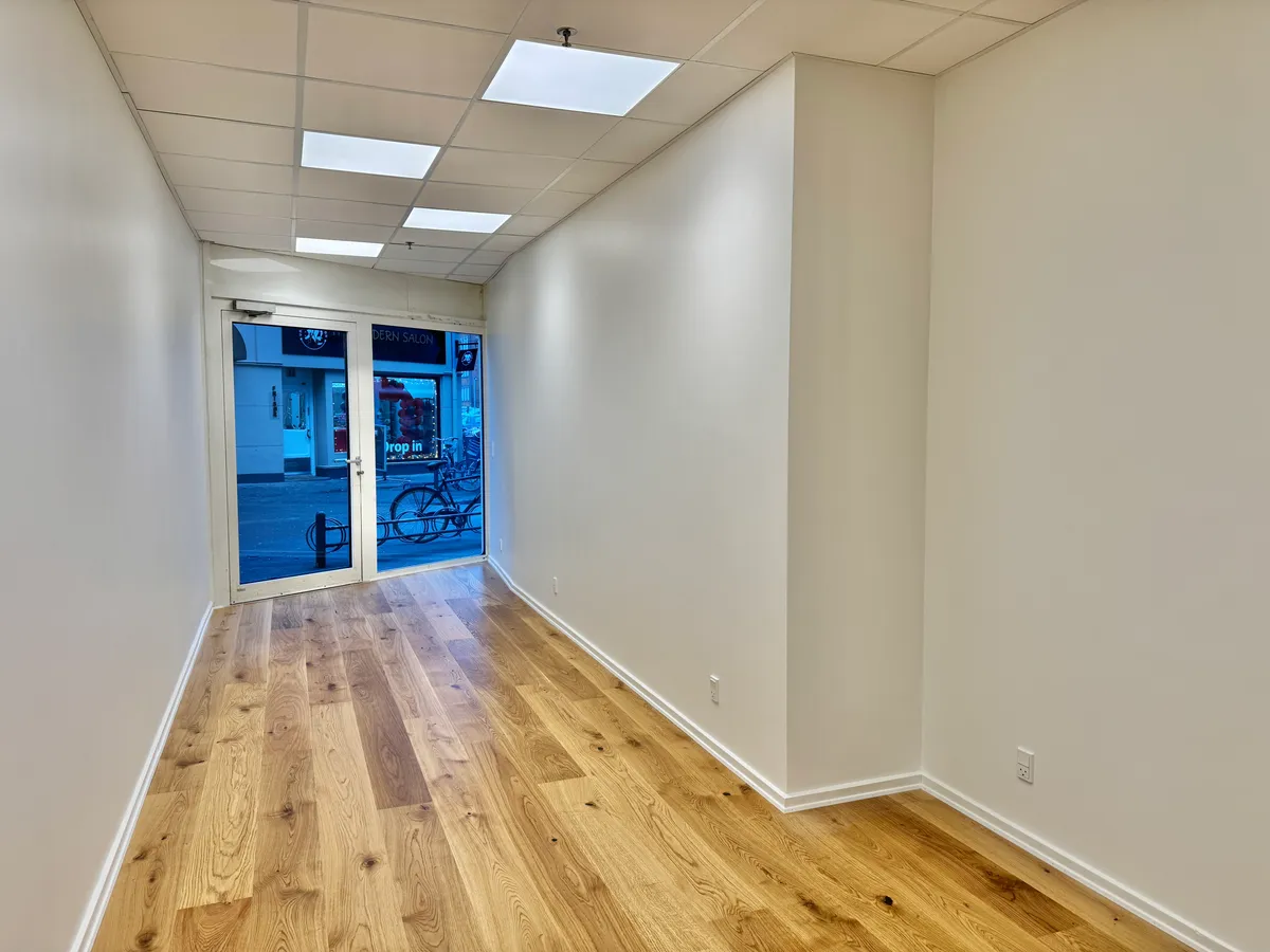 Køkken og badeværelse er renoveret. Her er et foto af en tom og lys stue med lyse loftslampe, gulvtæppe og glasdøre til gaden.