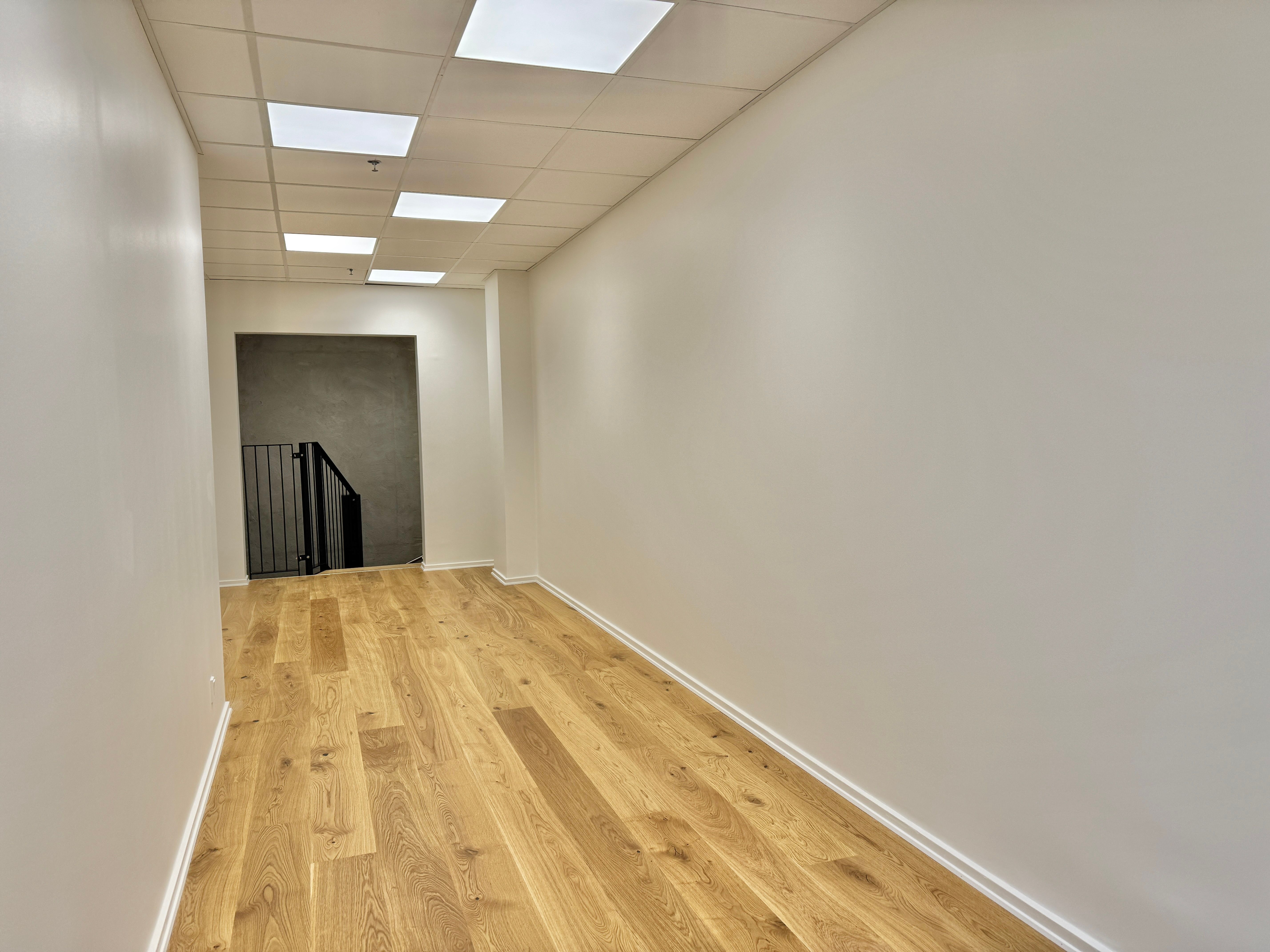 Indersiden af lejlighed med lyse loftslamper, hvidt malet væg og trægulv og åbning til trappeopgang med metalgelænder