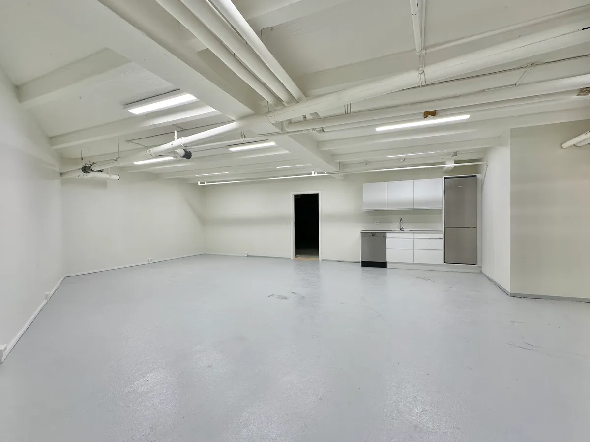 Et stort hvidt lokale med en køkkendel, hvor der er en vaskemaskine og køleskab, høje lofter og lyse armaturer