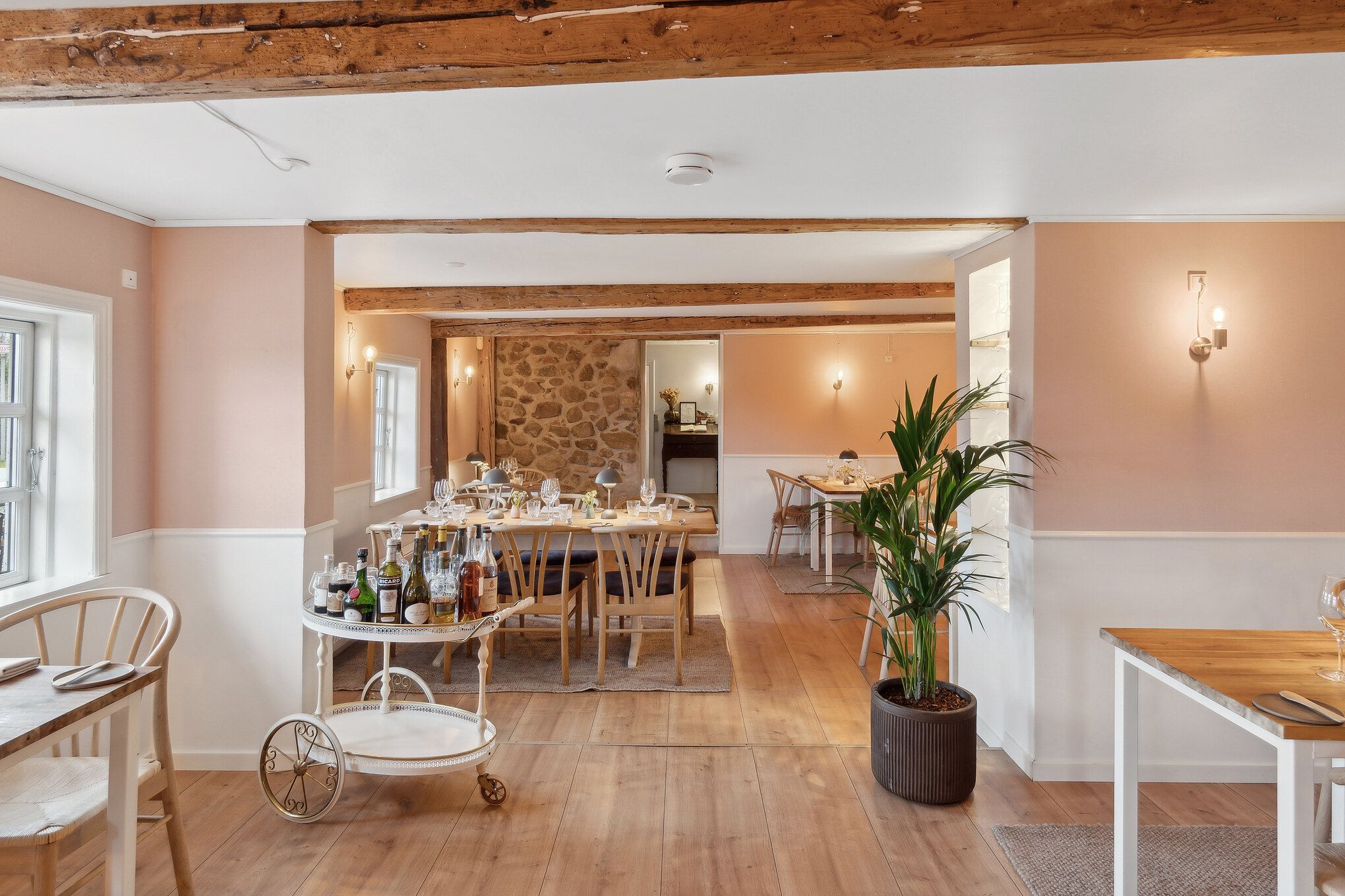 En indretning med en lang træbænk, flere træborde og stole samt en plante i en brun potte