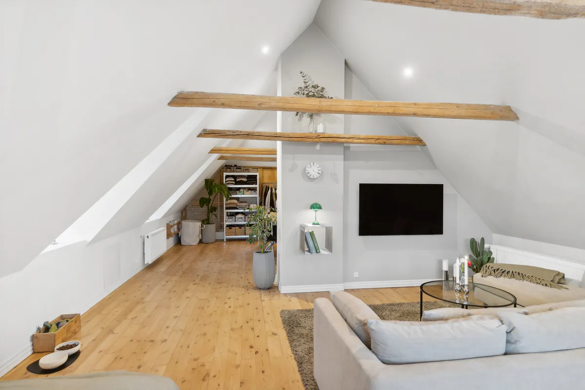 Et rum med hvide vægge og trægulve, en sofa, en plante og en tv-skærm på væggen
