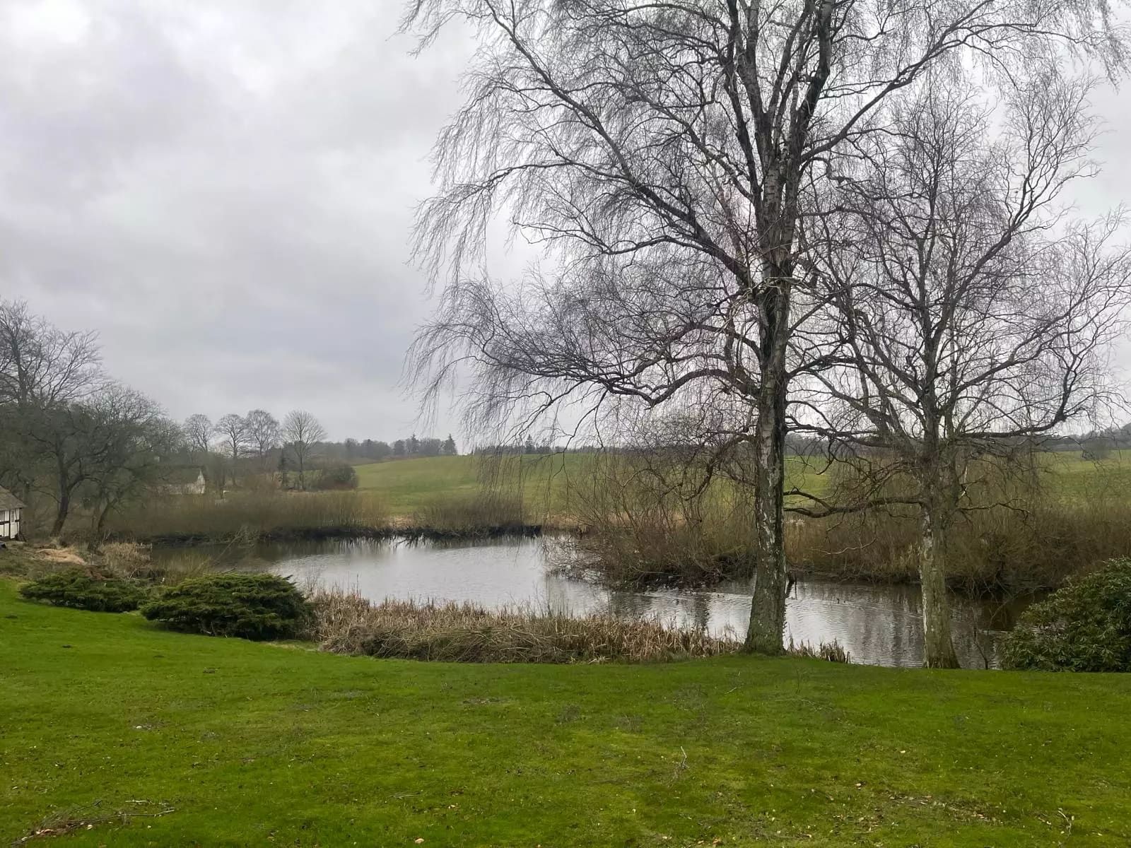 En idylisk landsby med grønne marker og en lille sø med en bred strand. En smuk lysegrå dag med regn og skyer i himlen.