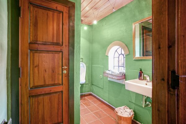 Køkken med rustik udsmykning, sæsonbestemte krydderier og urtepotte på hylden, lysekroner hængende fra loftet og grønne vægge