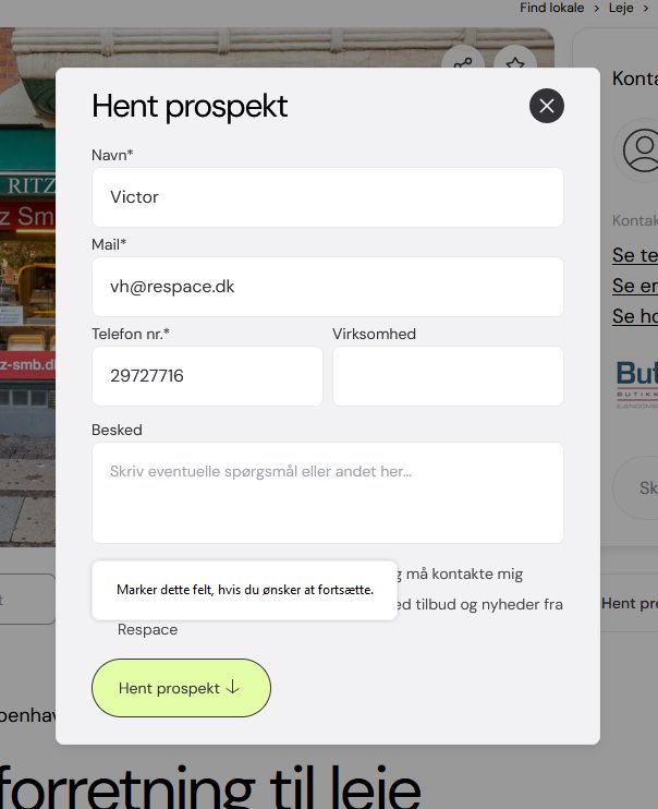 Hen prospekkt navn Victor mail vh@respace.dk telefon nr. 29727716 besked skriv eventuelle spørgsmål eller andet her
