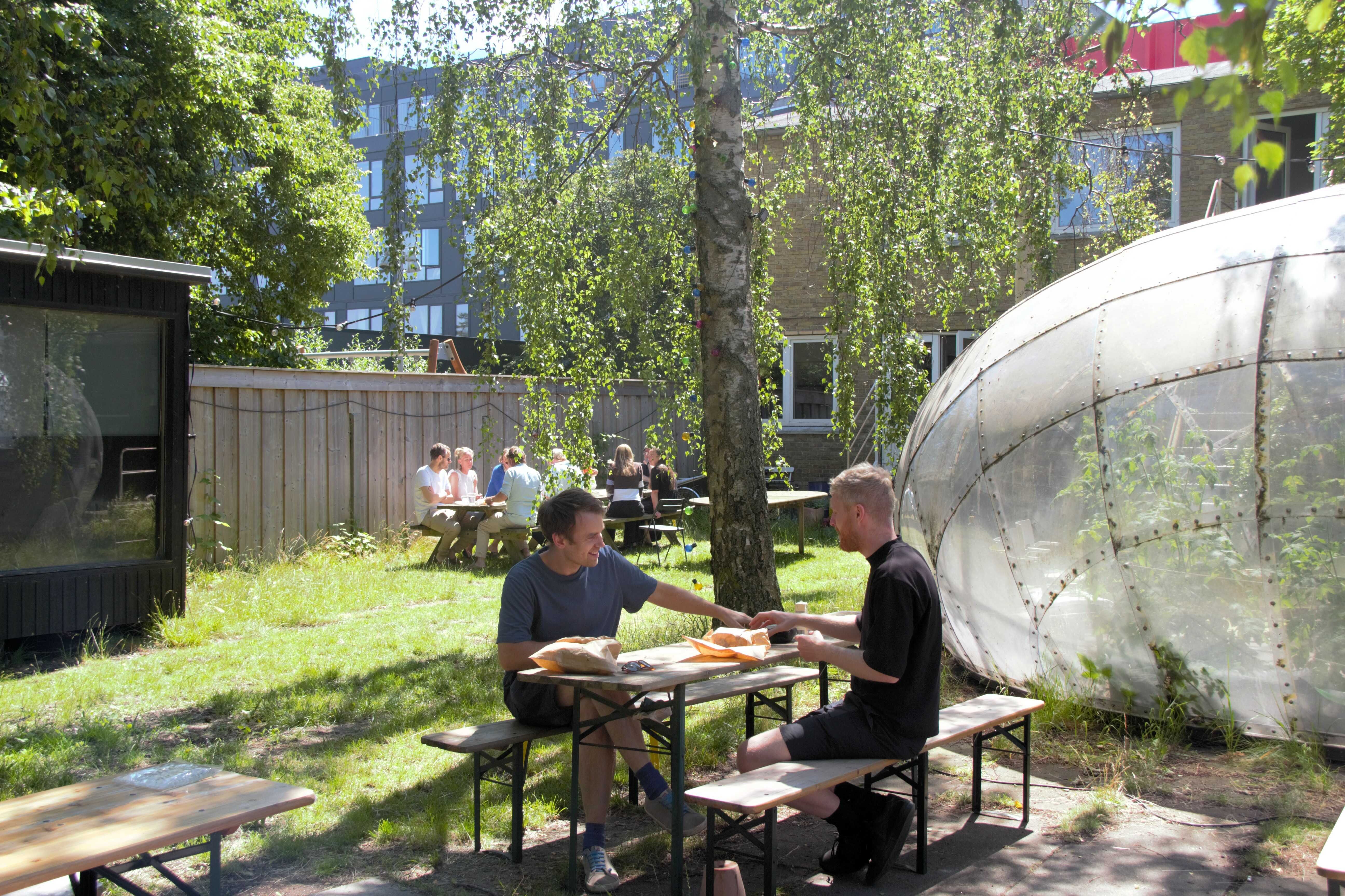 To mænd sidder og læser på en træbænk, der er placeret i en park med græs, træer og et gigantisk, rundt plastik- eller