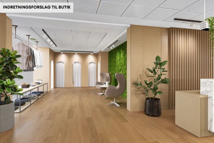 Butikslokal med lyse trægulve og høje lofter, to sæder og to planter, og en hængende plante med grønne blade