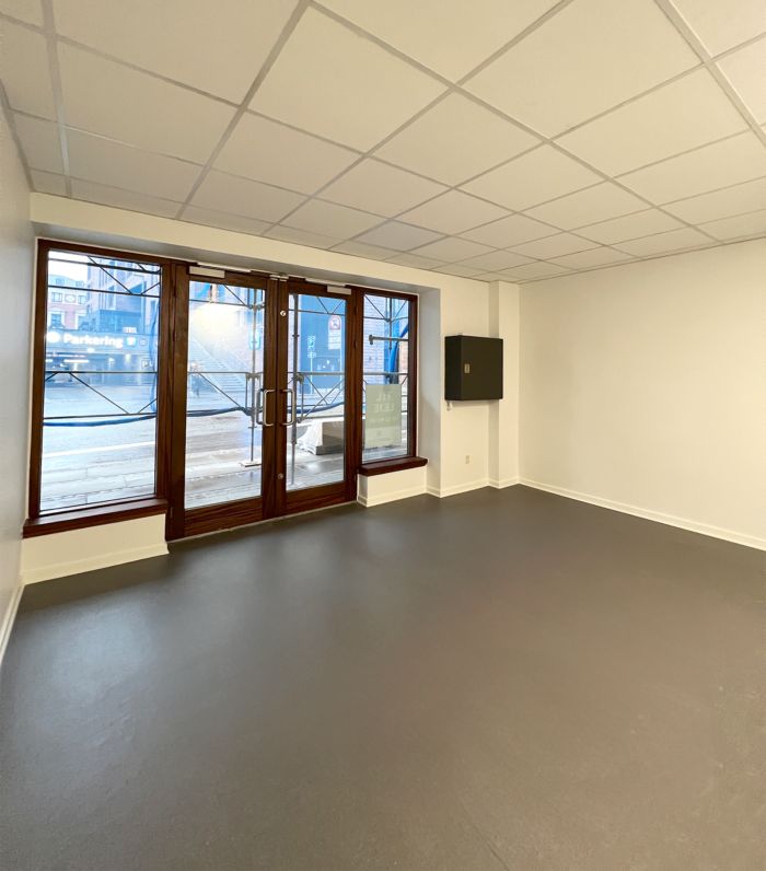 Rummelig lejemål med store vinduer og moderne trædøre til gaden, hvilket giver meget lys og luft. En indvendig skraldespand