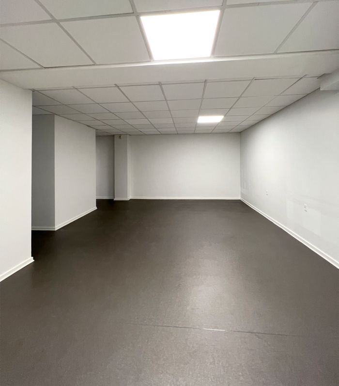 Store, tomme lokaler med hvide vægge og gulv og et højt loft med lys.