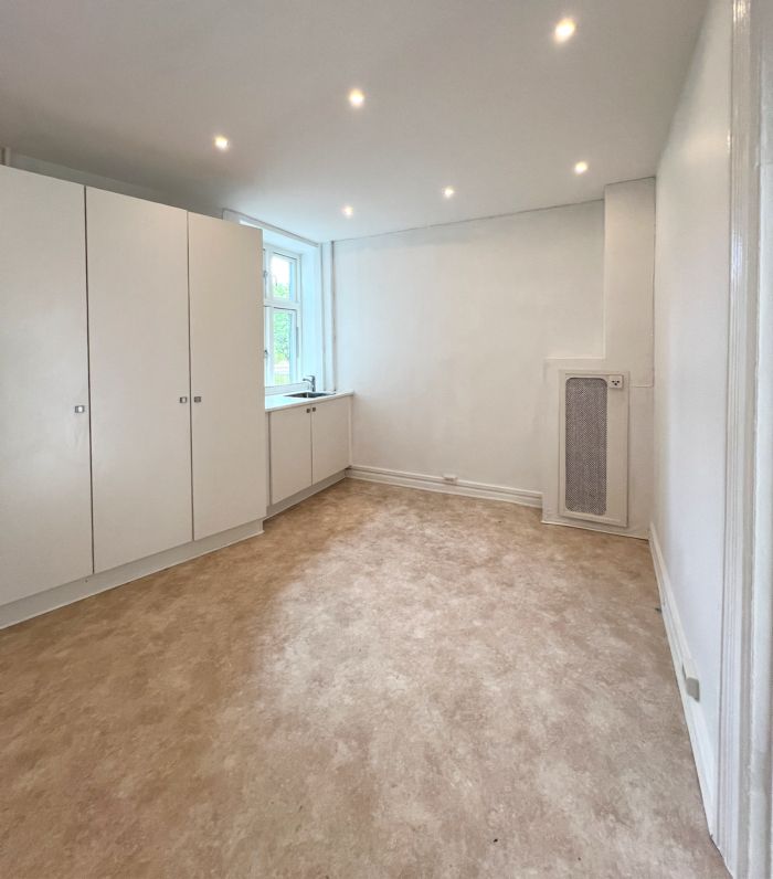 Et tomt rum med hvide vægge, hvide skabe og en vinduesåbning med synlige ruder og et træ. Gulvet er dækket med et lyst