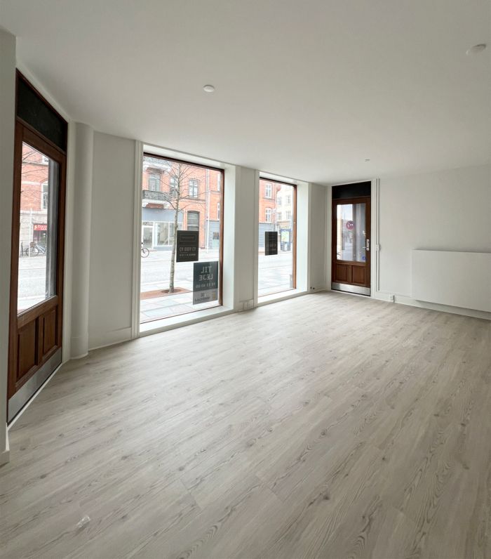 Lejlighed med lyse lofter, trægulve og store vinduer med udsigt til gaden i Aalborg. En dør er åben og der er plakater med