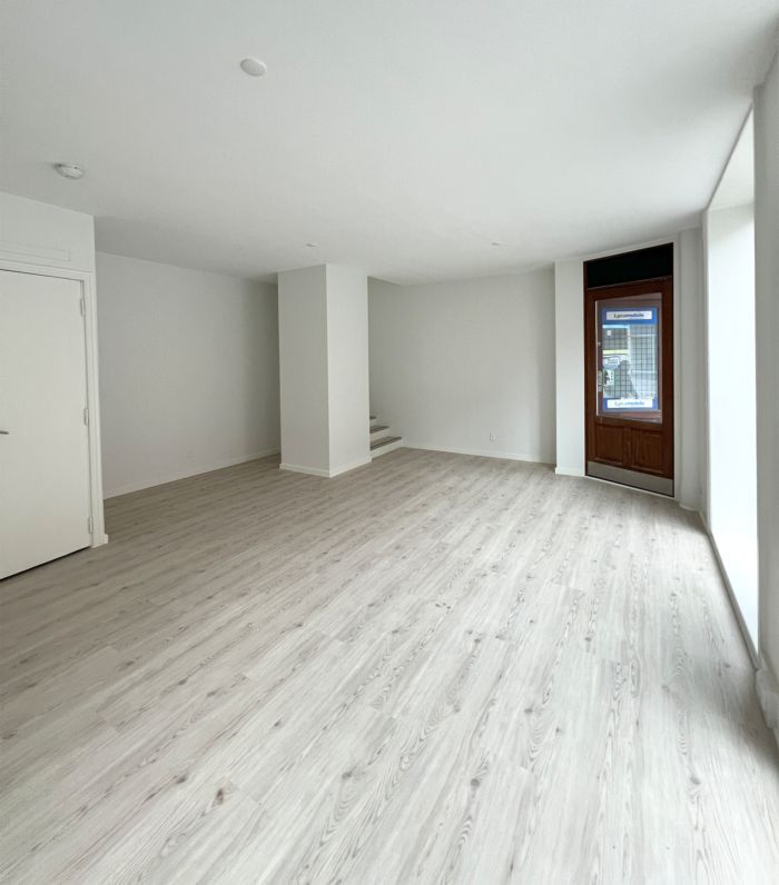 Lejlighed med hvidt loft og vægge samt gulv og gulvbelægning, der ser ud som træ. Der er et vindue med træindfatning, der er