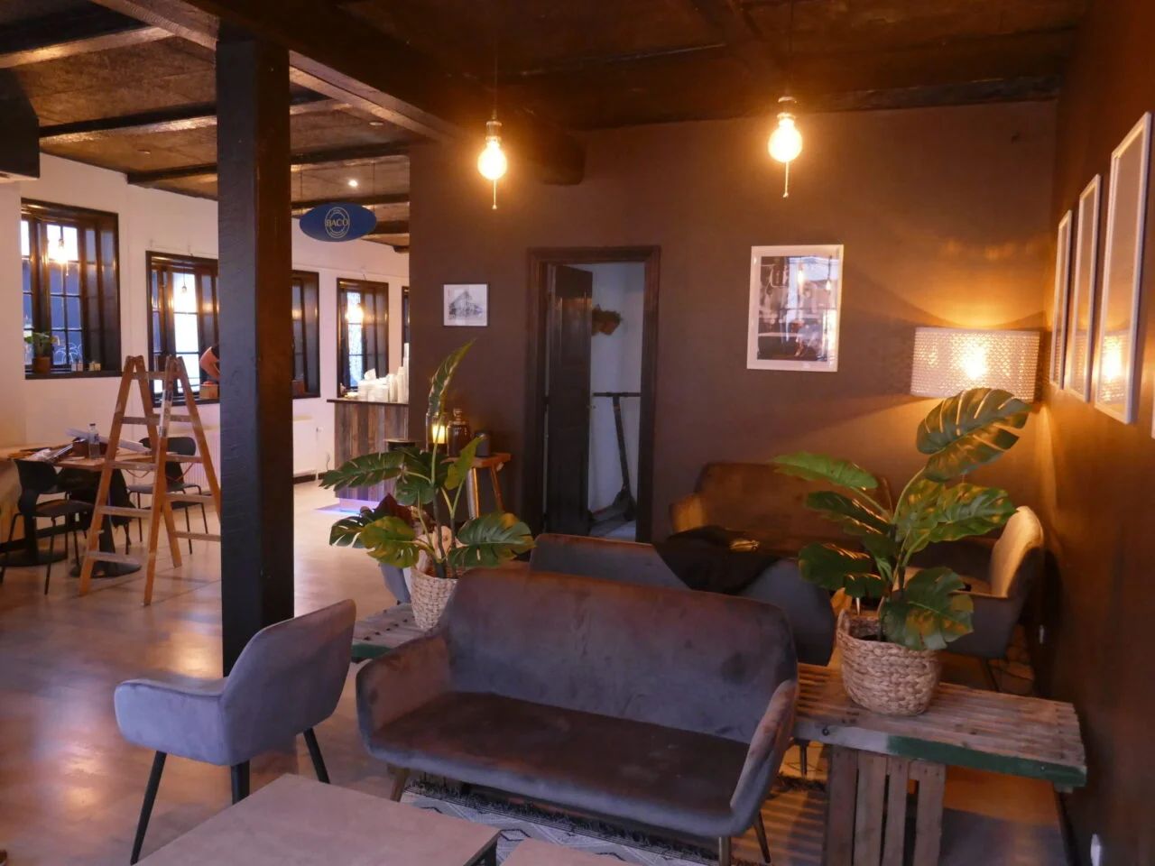 Moderne og elegant indretning med møbler og lysekroner, smukke planter og store billeder på væggen