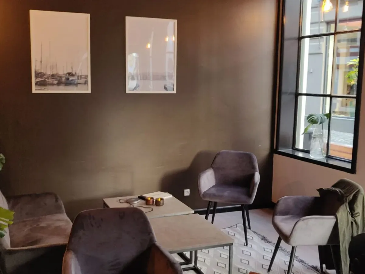 Moderne interiør med to stole og to sofaer med træborde, lyse lamper og plante på vinduet, og to store billeder med