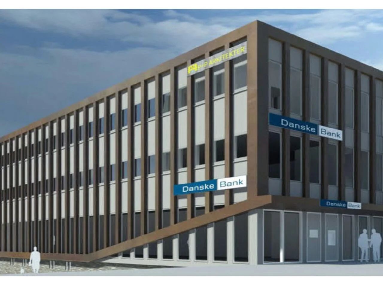 Danske Bank er etableret i et kontorhuse, der er designet med lyseruder og glasdøre og beliggende i en by.