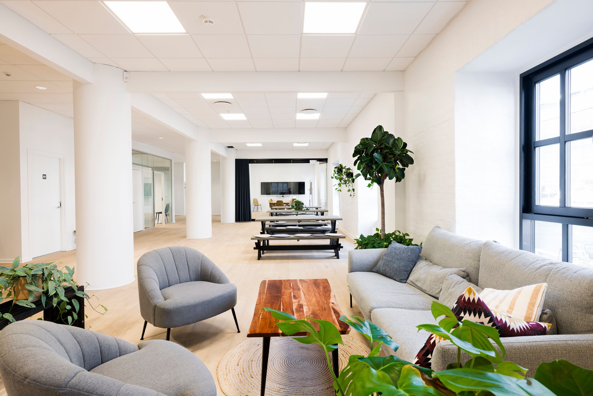 Kontorområde med møbler, sofa, træbord, plante og gulvbelægning. Loftet er udstyret med flere runde loftslamper.