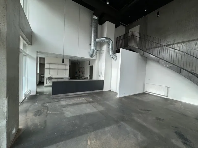 En stor åben stue med højloft, lyse gulve og loftsvinkler. Stalen og hvide vægge med lyse loftslampe og stige til øverste