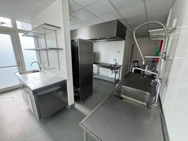 En moderne køkken med to rensningsområder, hver med to vandhaner og en stålvæg og et stålskab