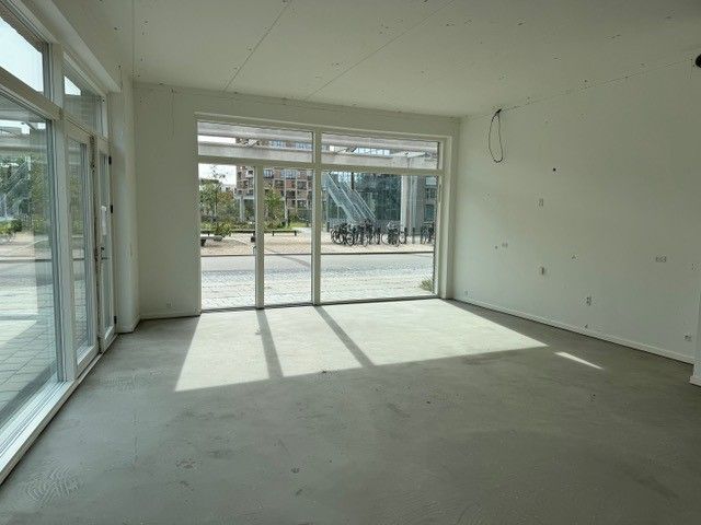 En stor møbleret stue med glasdøre og glasruder og en terrasse udenfor med blomster.