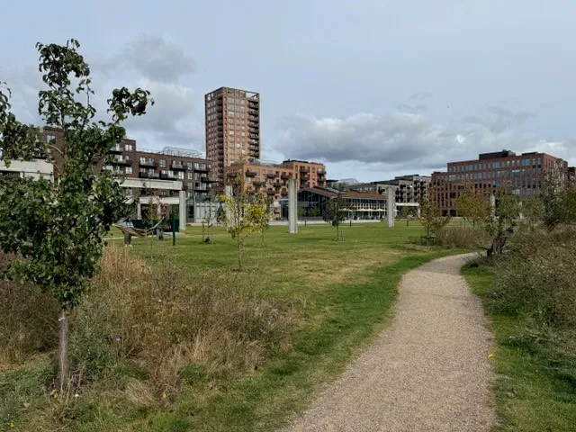 En grøn park med sti, træer og buske samt bygninger i baggrunden