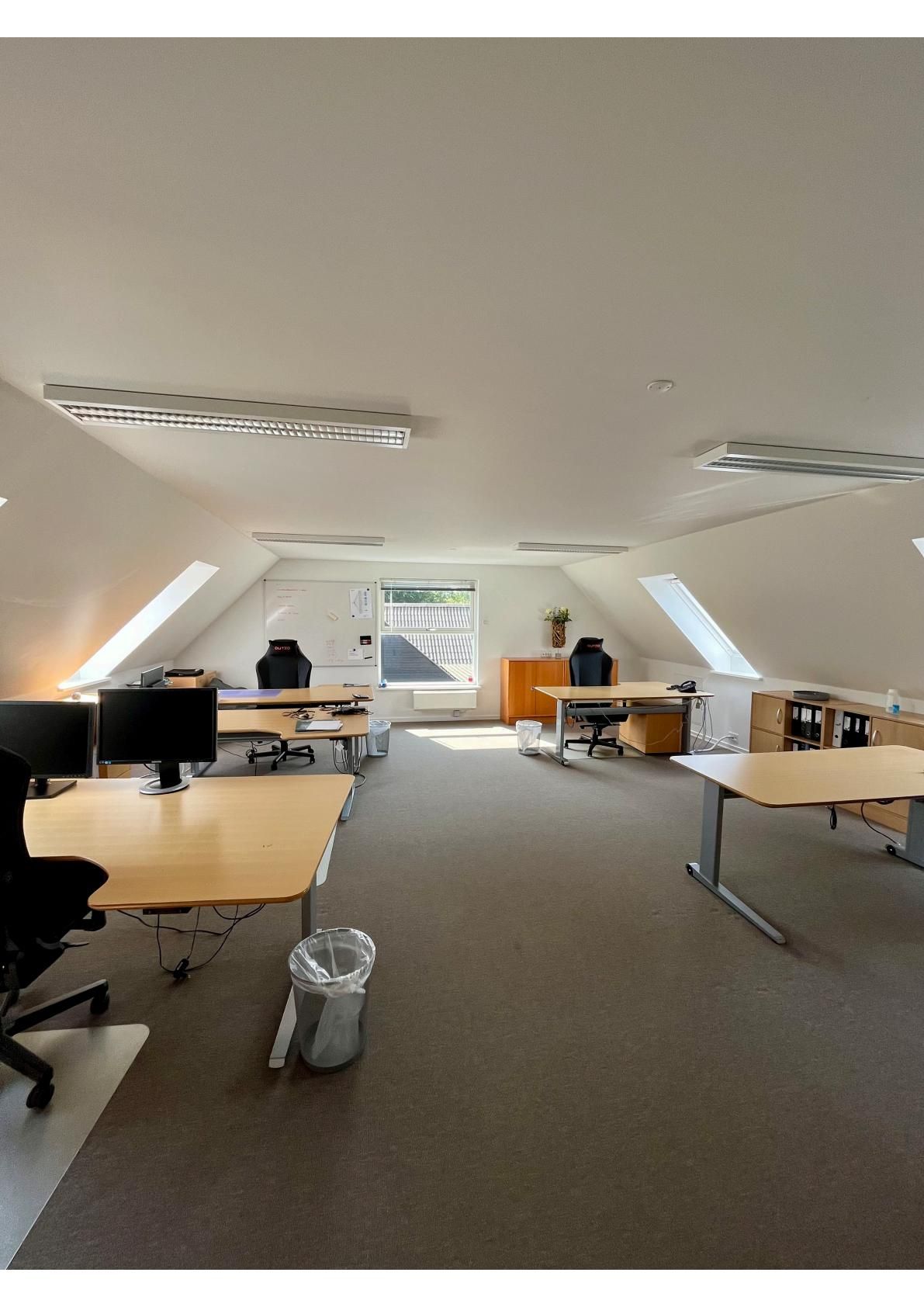 Et kontorlokale med to skriveborde, computere, stol, skraldespand, skraldepose, kabinet og plante på skrivebordet. Loftet er