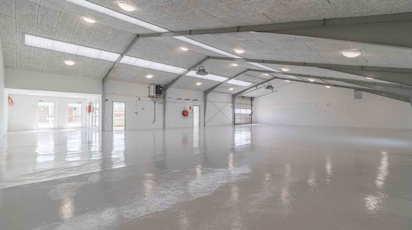 Rummelig lagerhal med hvide vægge, gulv og loft samt moderne belysning. Lejligheden er perfekt til lageropbevaring.