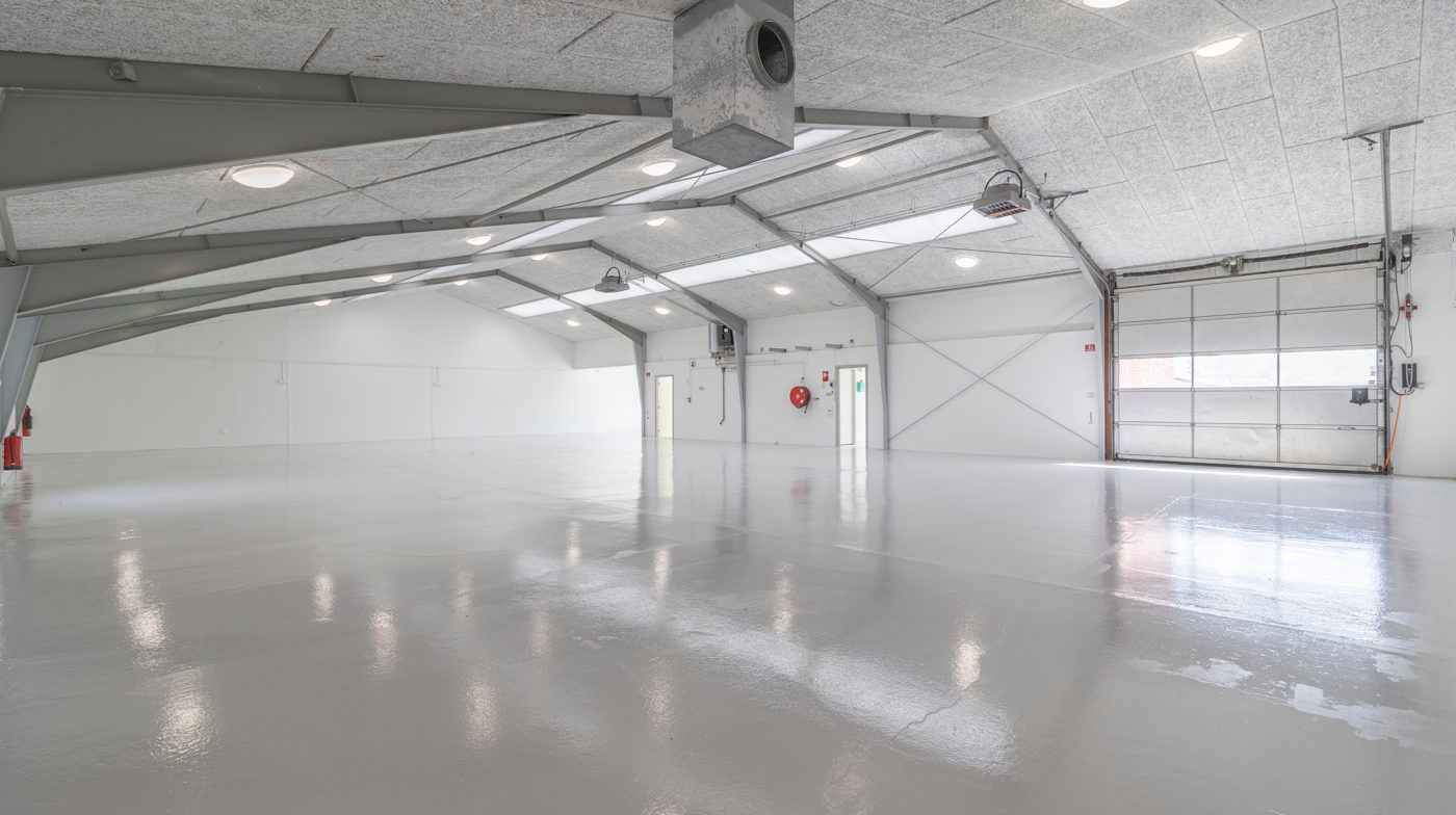 En stor og ren garage med lyse hvide vægge og loft, ventiler og lys, samt en stor hvid garagedør.