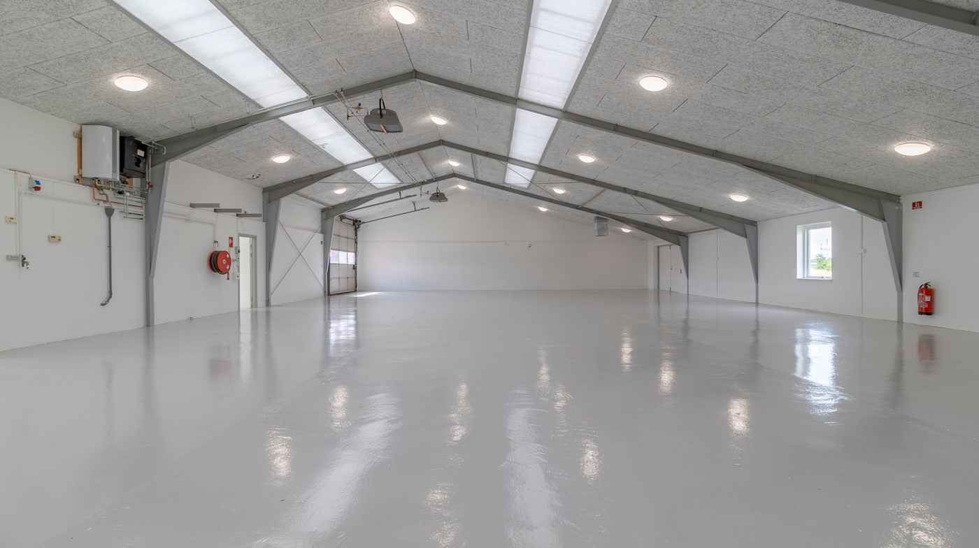 Lang, stor, hvid, ren og ny fabrikshal med højloft og lysekroner, der reflekterer lys på gulvet