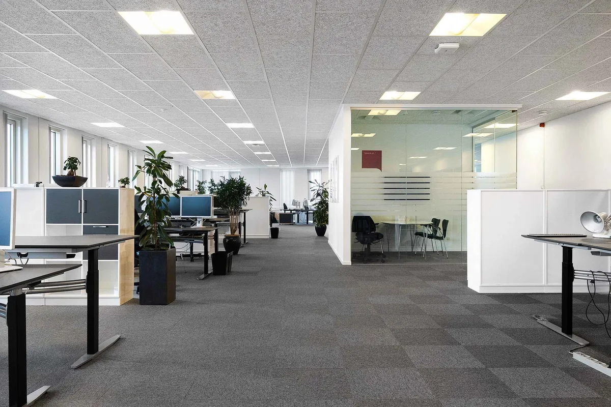 Moderne kontor med høje lofter og lyse gulve. Rundt om er der store skriveborde og stole. Der er også glasvægge og grønne
