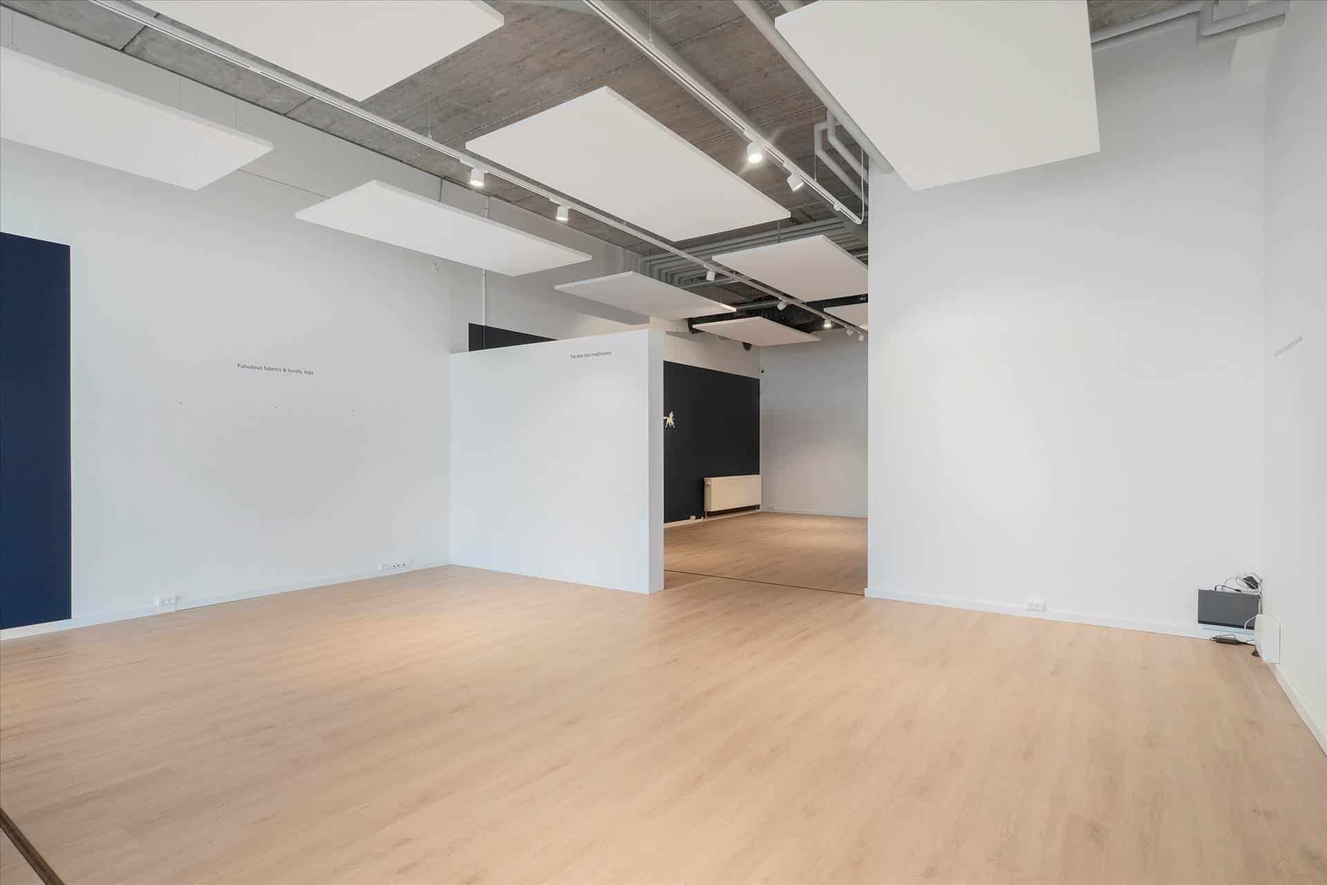 En tom lejlighed med lyse vægge, højloft og trægulv samt en mørkeblå væg med en skrift på den