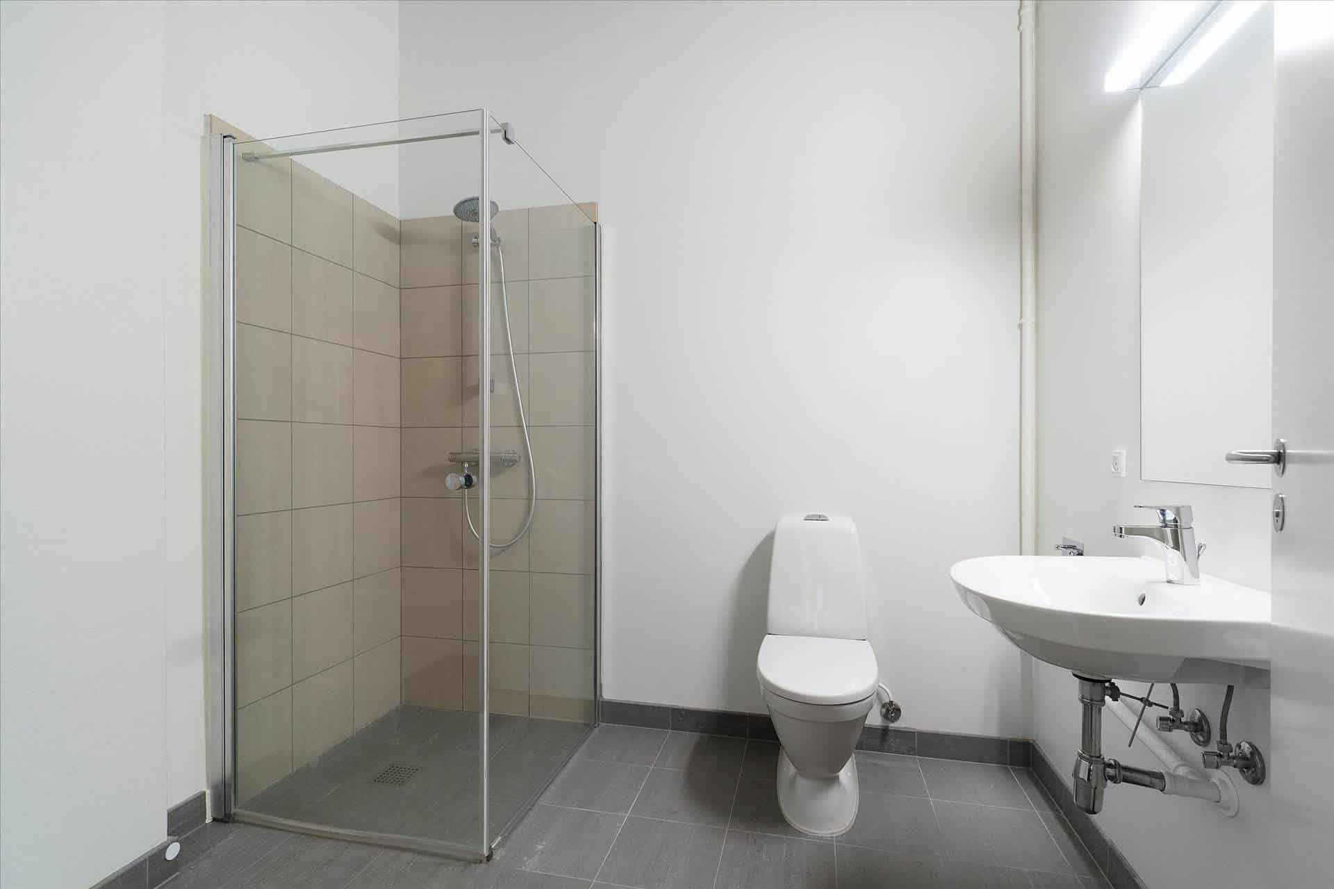 En lille, lyse badeværelse med et hjørnebruser og et toilet. Badestedet er udstyret med hvide kakel og en hvid håndvask med