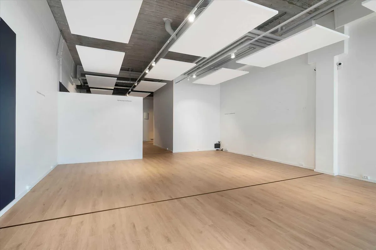 Stort mødelokale med hvide vægge og lofter, lyse trægulve og lysekroner. Væggen er delvist dekoreret med mørke blå vægmaleri