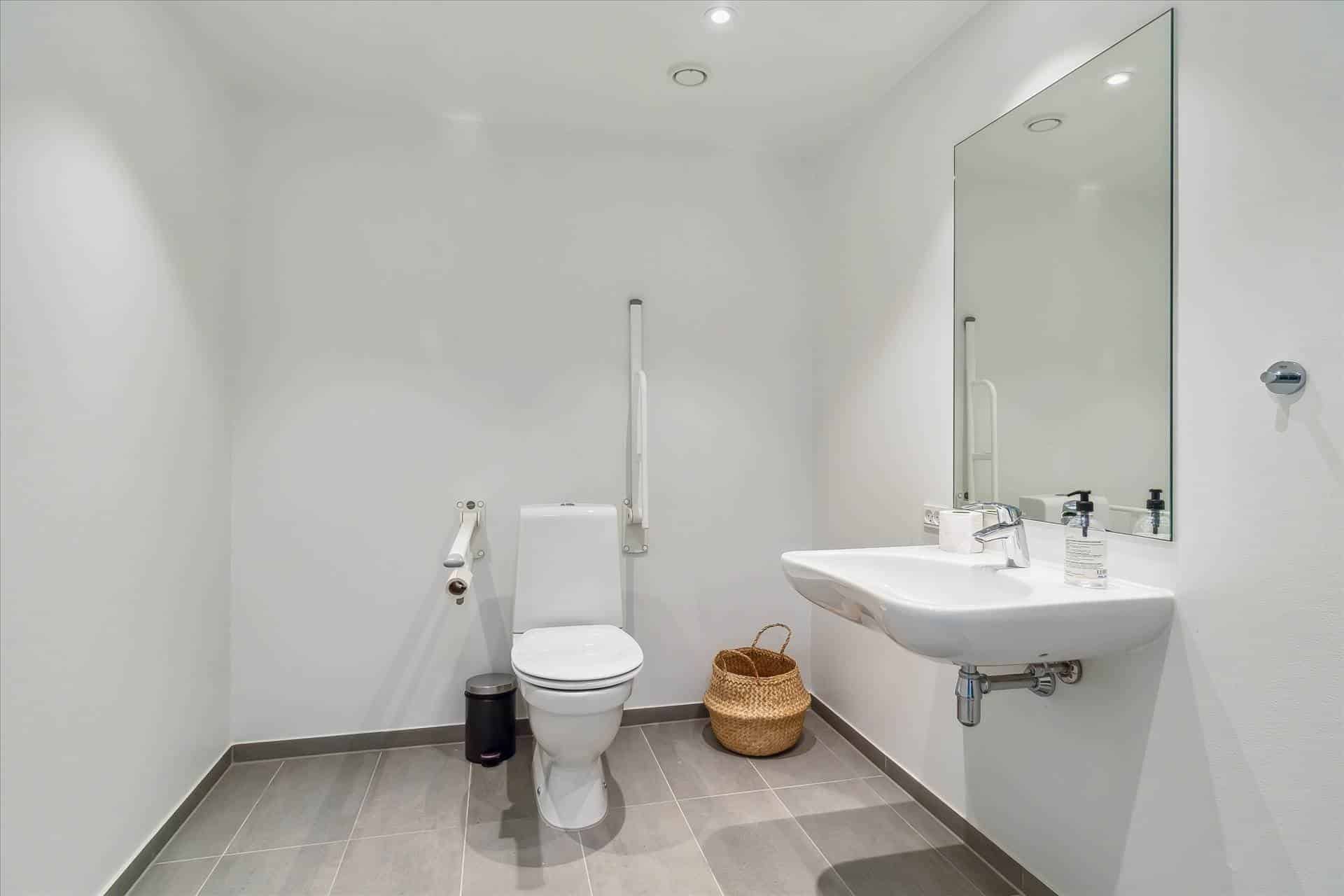 Et lille badeværelse med hvidt toilet, ren hvid vask, smykket med en lille kurv og en spejl med håndtag